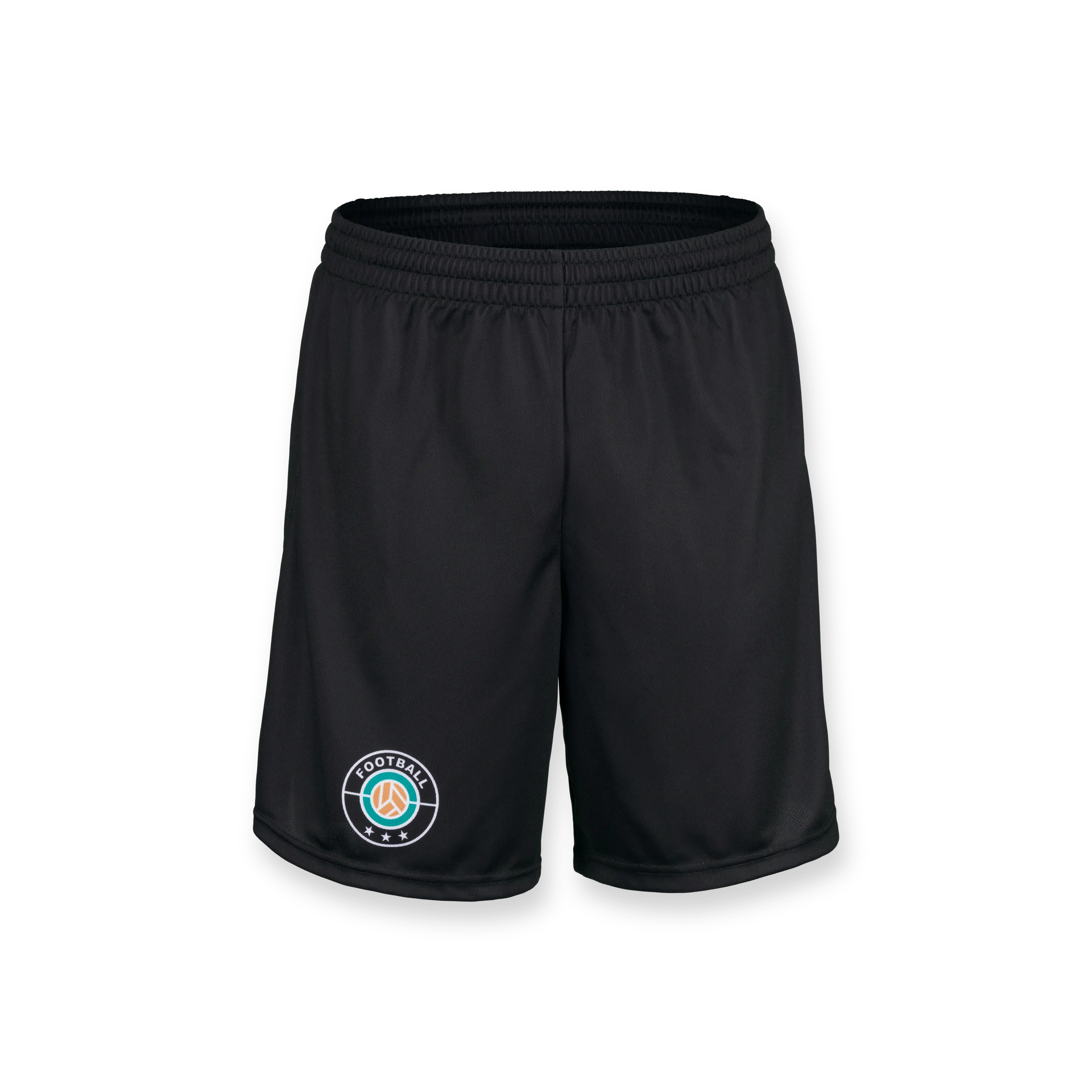 Black sports shorts with an elastic waistband and a logo on the left side.