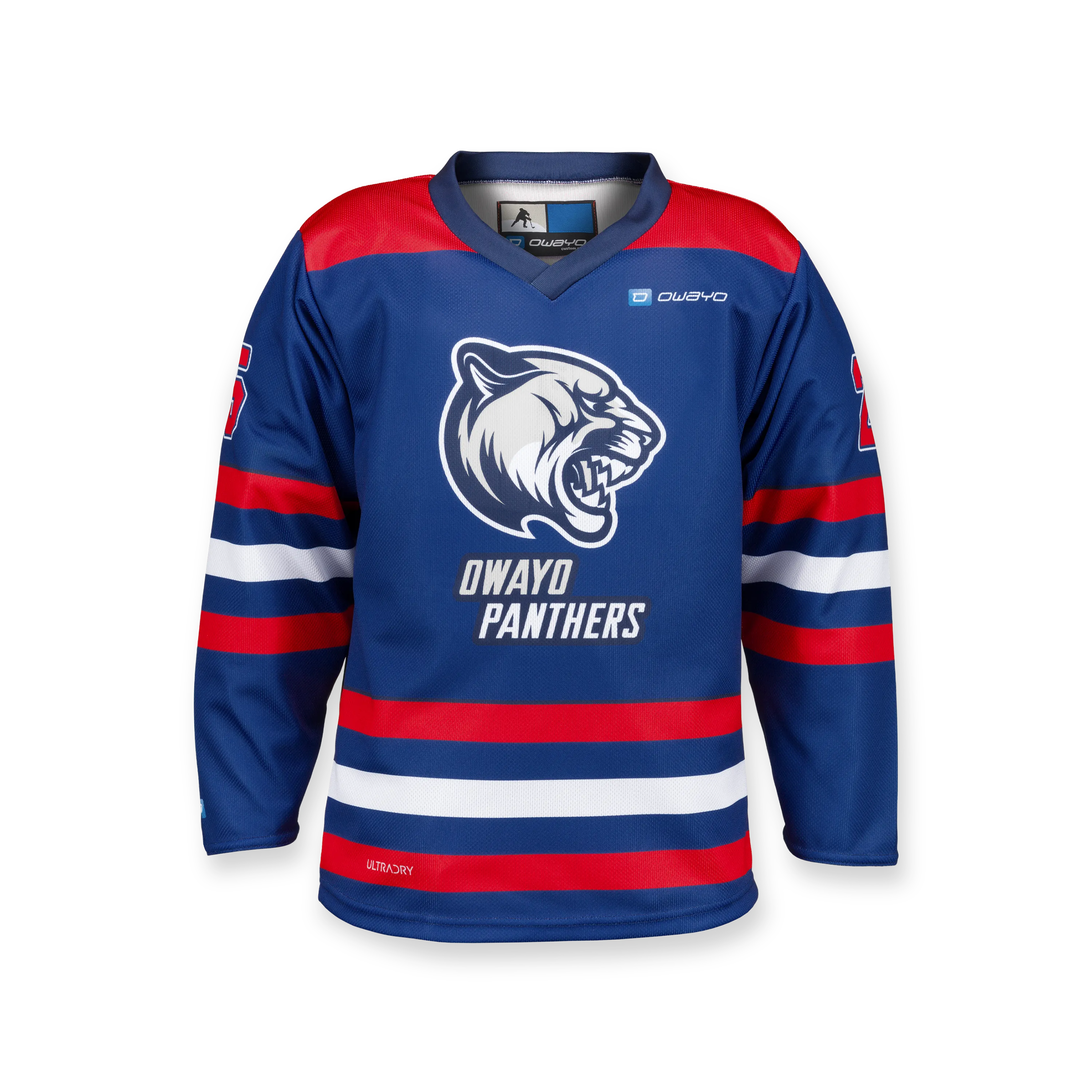 A blue hockey jersey with red and white stripes, featuring a panther logo on the front and the number 26 on the sleeve.