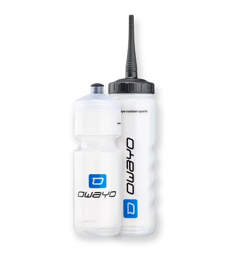 Two transparent water bottles with the owayo logo, one with a black cap and drinking spout, the other with a standard cap.
