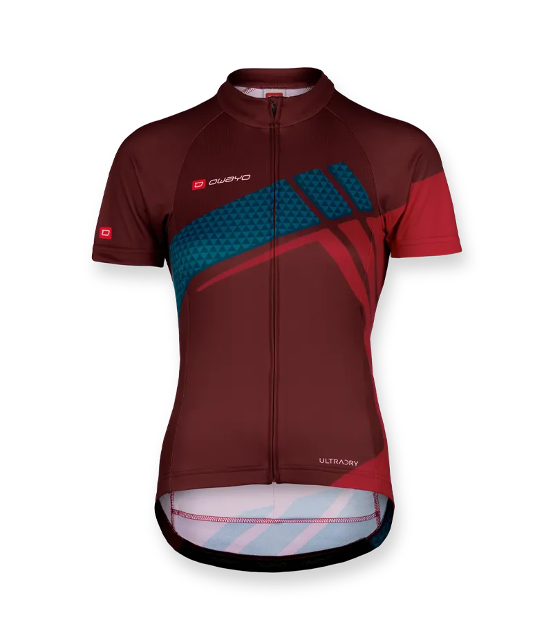 A red women's cycling jersey with blue and red geometric patterns and a front zipper.