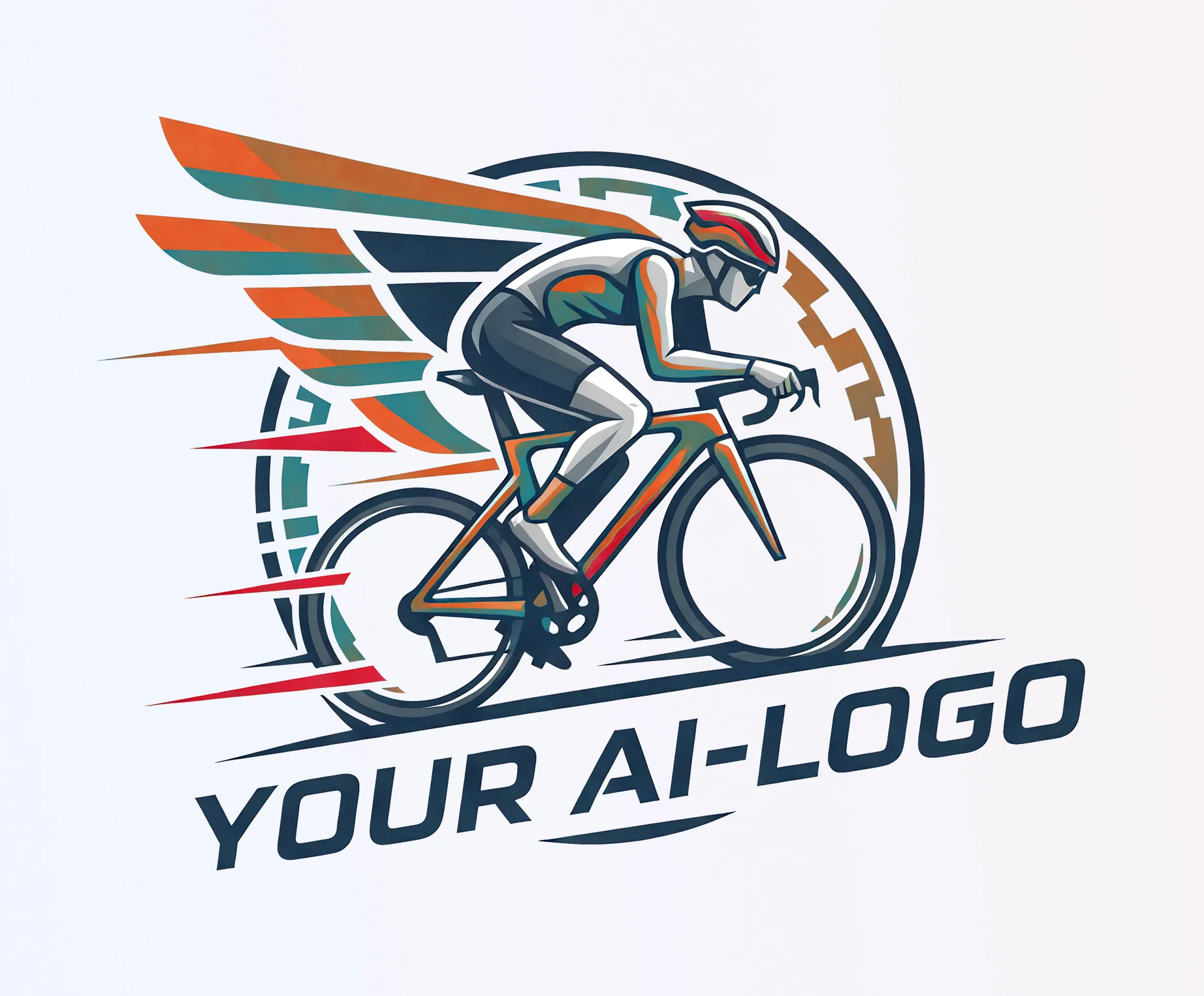 A stylized cyclist in an aerodynamic position on a racing bike, surrounded by colorful wings and speed lines, with the text 'YOUR AI-LOGO' below.