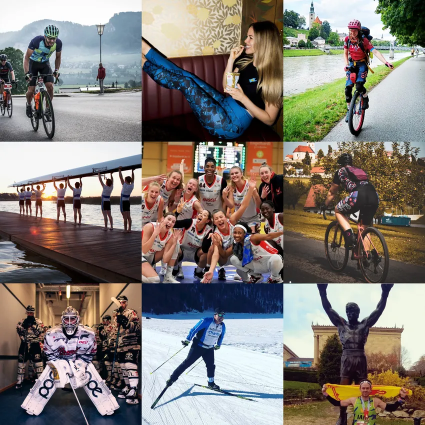 A collage of nine images shows various people in different sports, including cycling, basketball, cross-country skiing, and mountain biking, wearing customized sportswear from owayo.