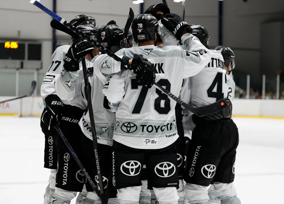 Hockey players in white jerseys with black accents and the Toyota logo celebrate on the ice.