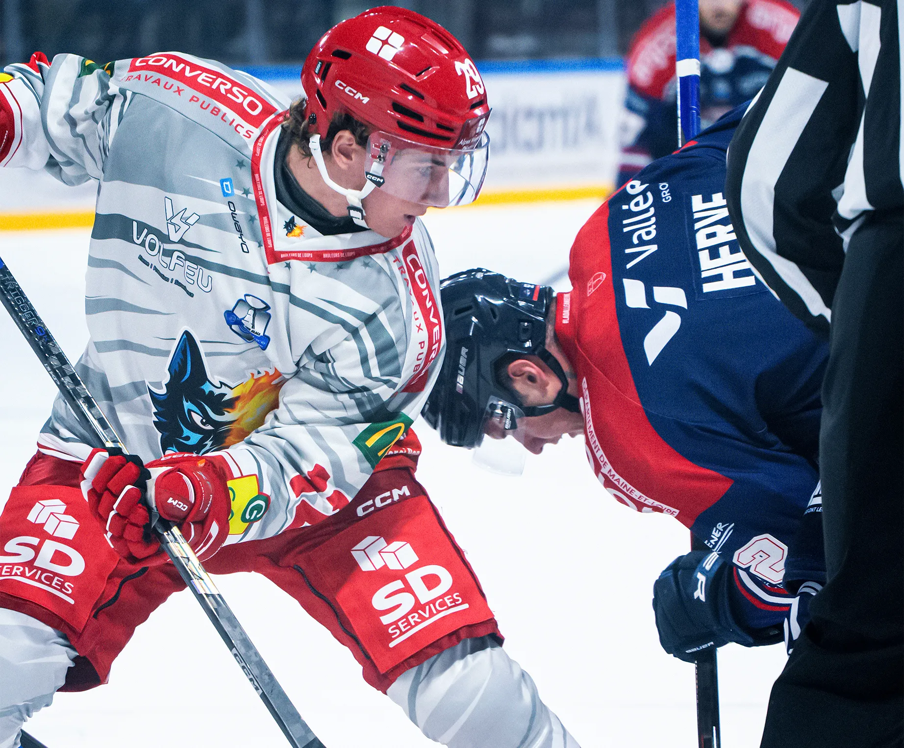 Two ice hockey players face off, ready for a faceoff, one wearing a gray and red jersey featuring a wolf design.