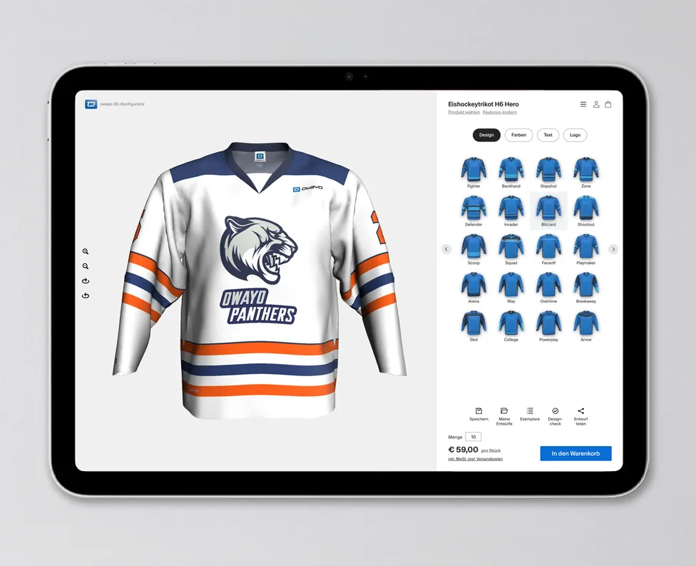 A tablet displays the owayo 3D configurator showing a white hockey jersey with blue and orange accents and a panther logo.