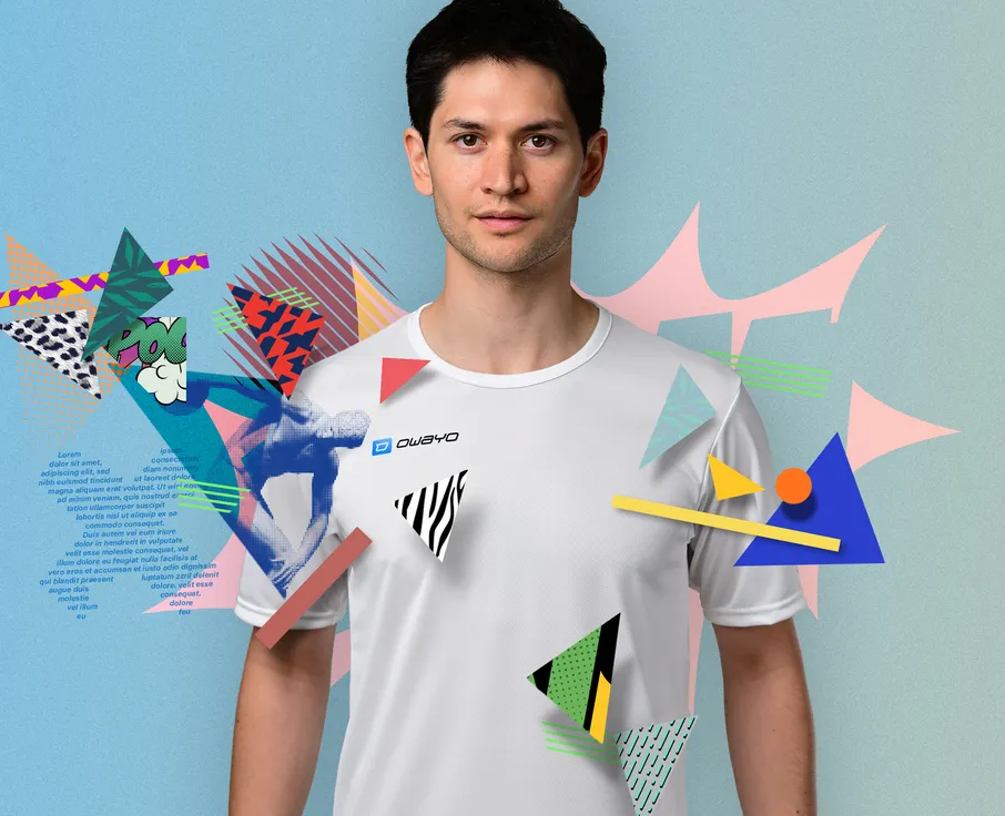 A man wears a white, short-sleeved sports shirt with the 'owayo' logo on the chest, surrounded by colorful geometric shapes and patterns.