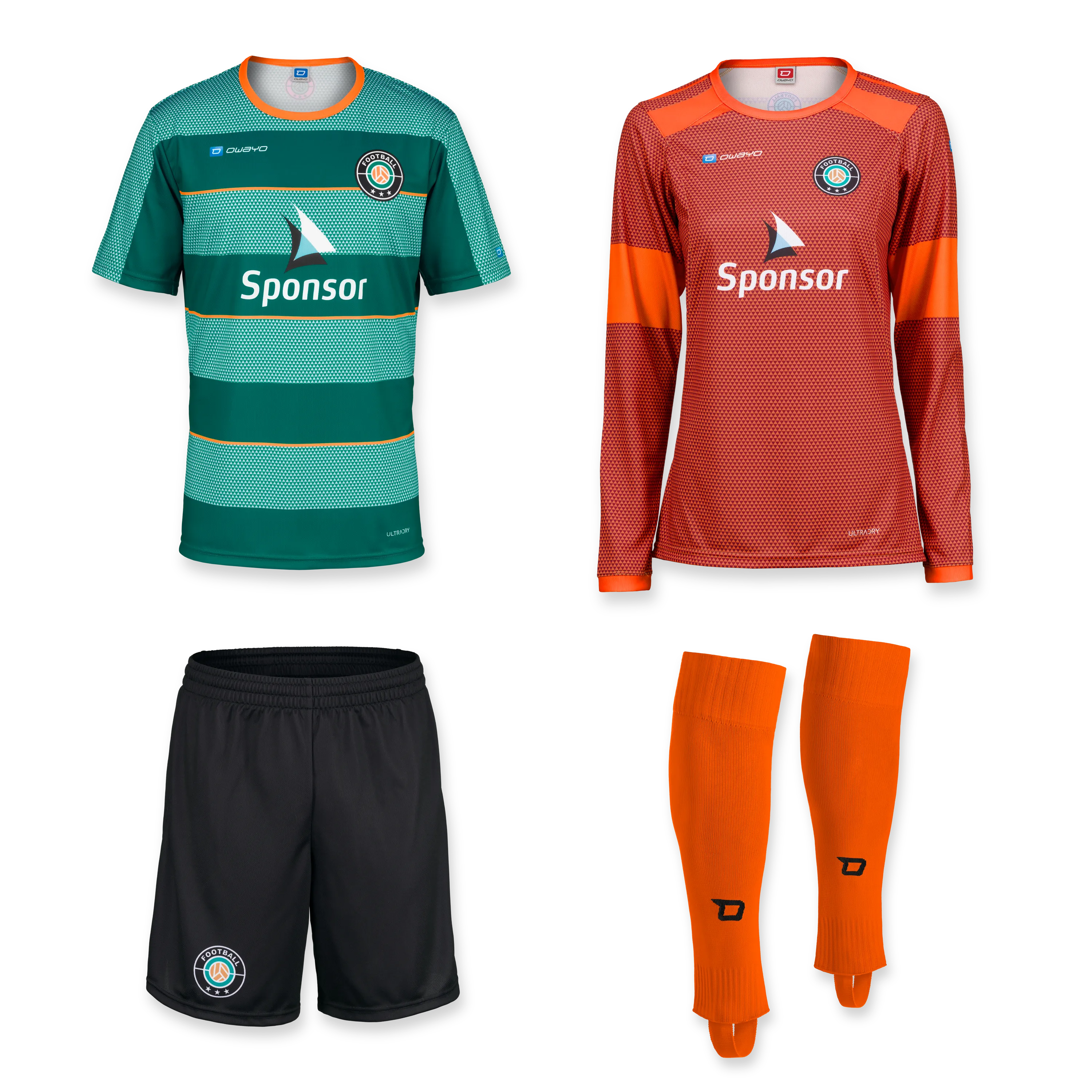 All products A set of two soccer jerseys, a pair of black shorts, and a pair of orange socks, all in various color combinations.