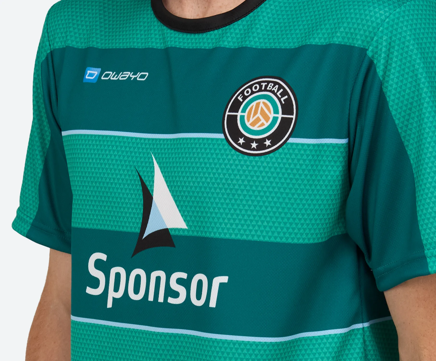A green football jersey featuring a round emblem and a sponsor logo on the front.
