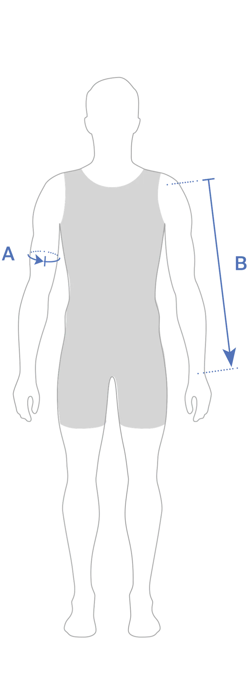A schematic illustration of a person in sportswear with measurement lines A and B indicating arm length.