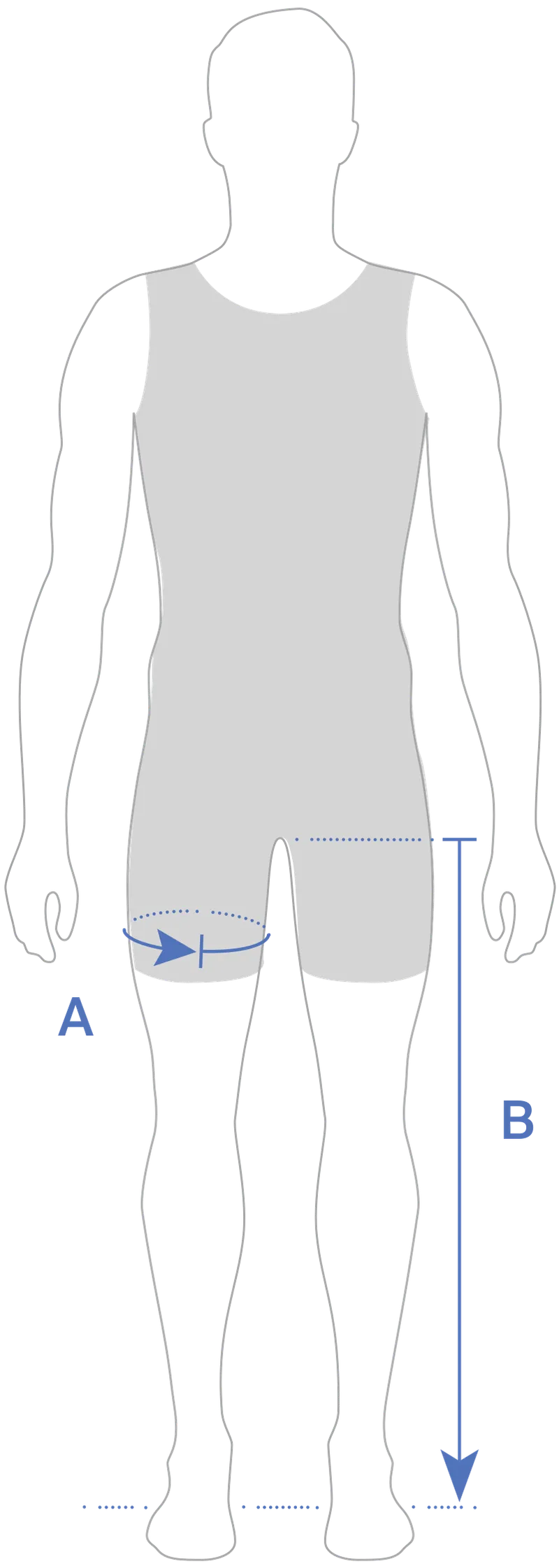 A schematic illustration of a person in sportswear with measurements for leg length and thigh circumference.