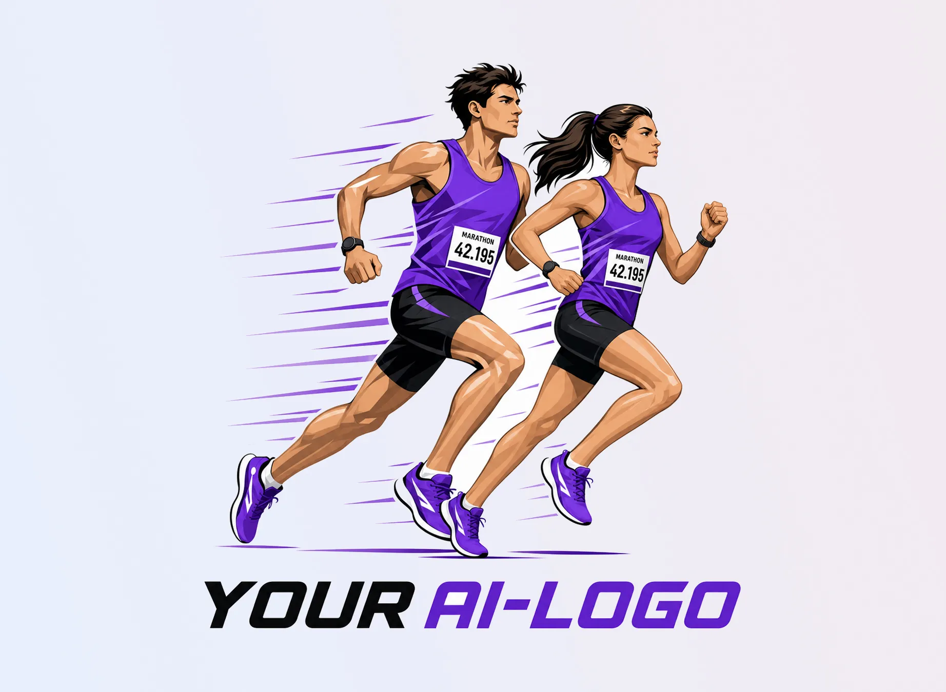 Two stylized runners in purple jerseys running dynamically, with a bib number displayed on their chests.