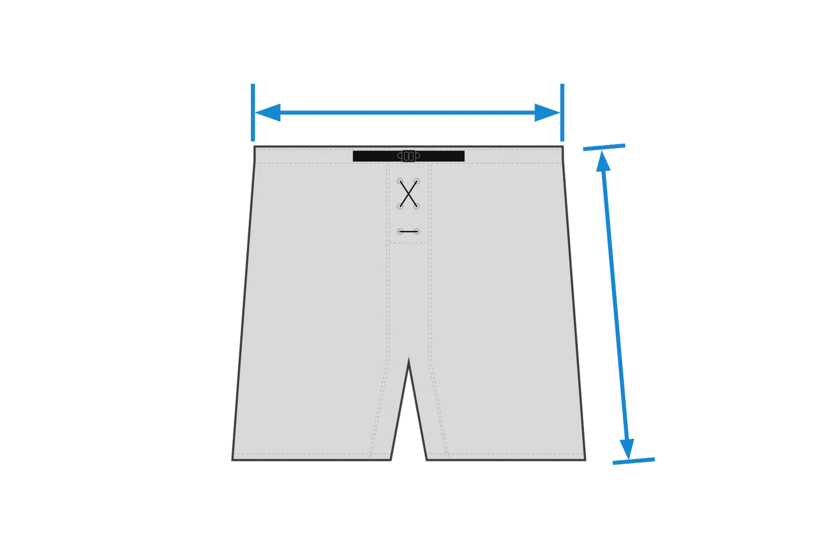 A graphic representation of sports shorts with measurement lines for width and length.
