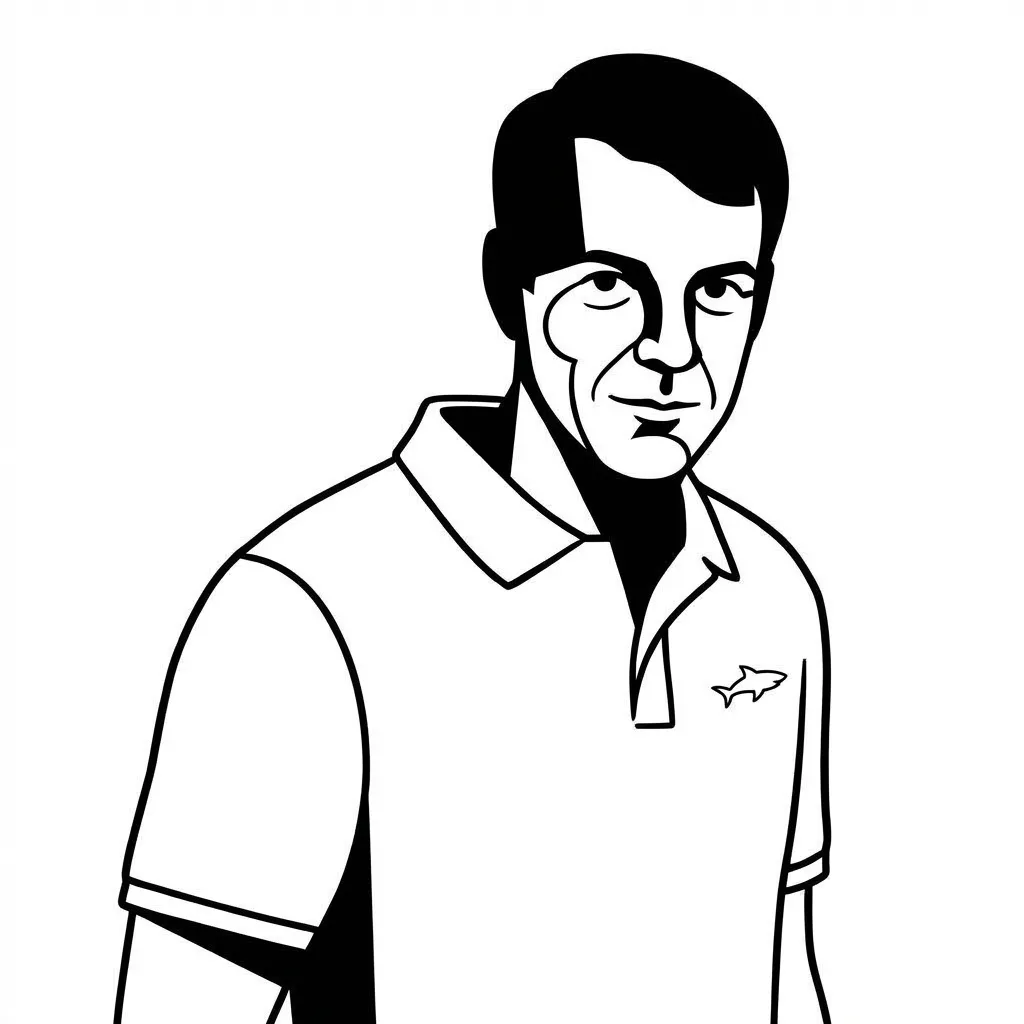 A black and white illustration of a man wearing a polo shirt with a shark logo on the chest.