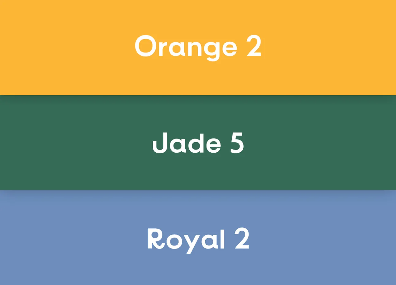 Three horizontal color blocks in orange, jade, and royal blue with the labels 'Orange 2', 'Jade 5', and 'Royal 2'.