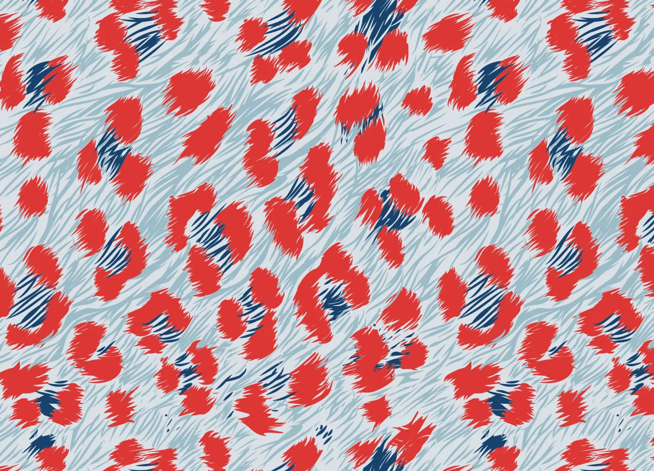 An abstract pattern with red and blue spots on a light blue background with a striped texture.