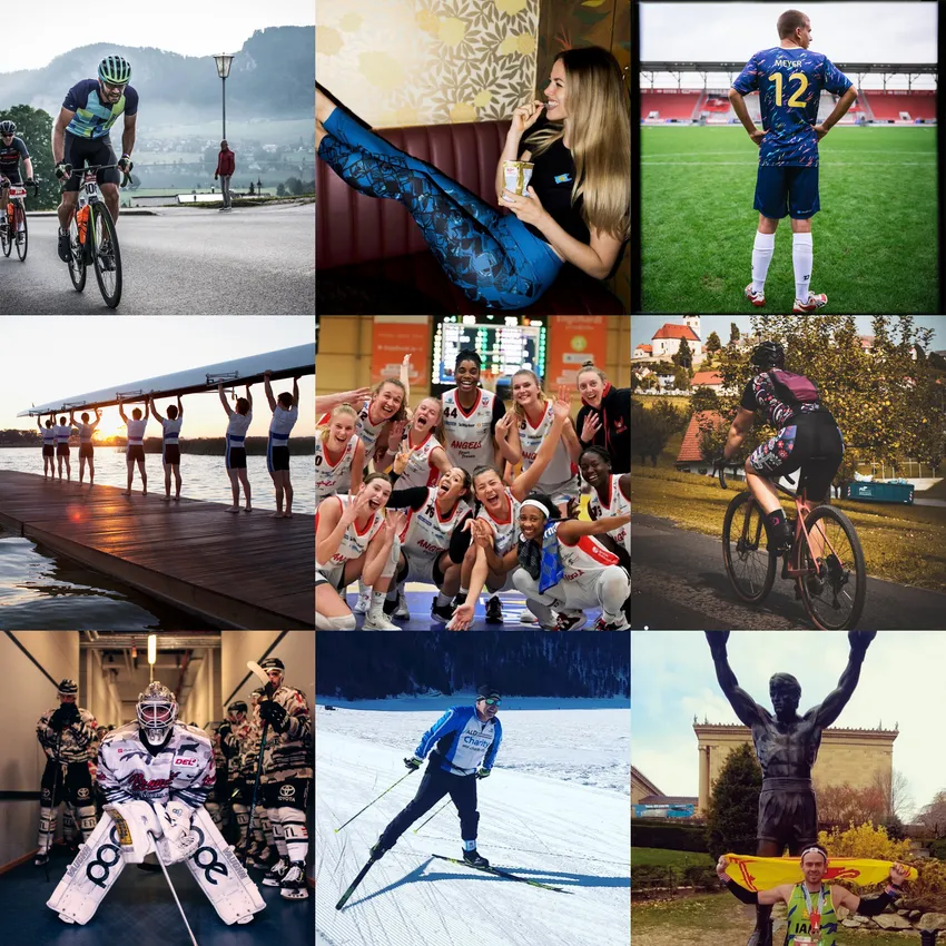 A collage of athletes engaged in various activities, including cycling, basketball, rowing, and winter sports, all wearing athletic clothing.