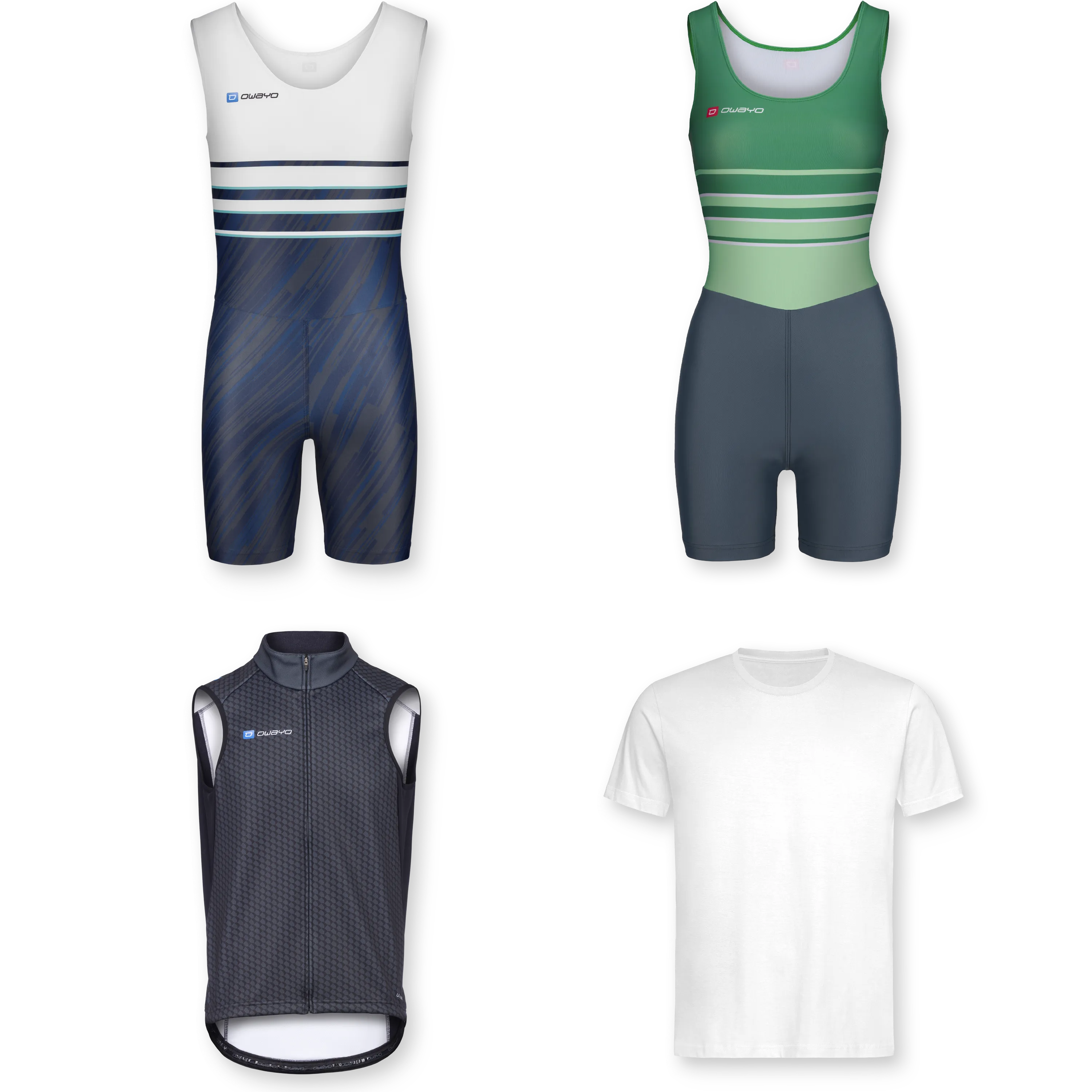 All products Various sportswear items for rowing, including one-piece suits and a T-shirt.